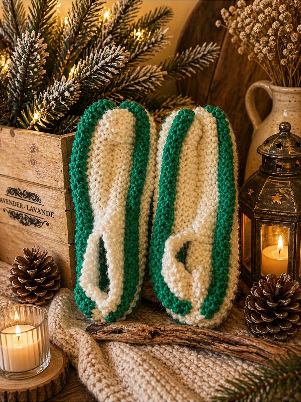 Handmade phentex Cream & Green Knit Women's Slippers